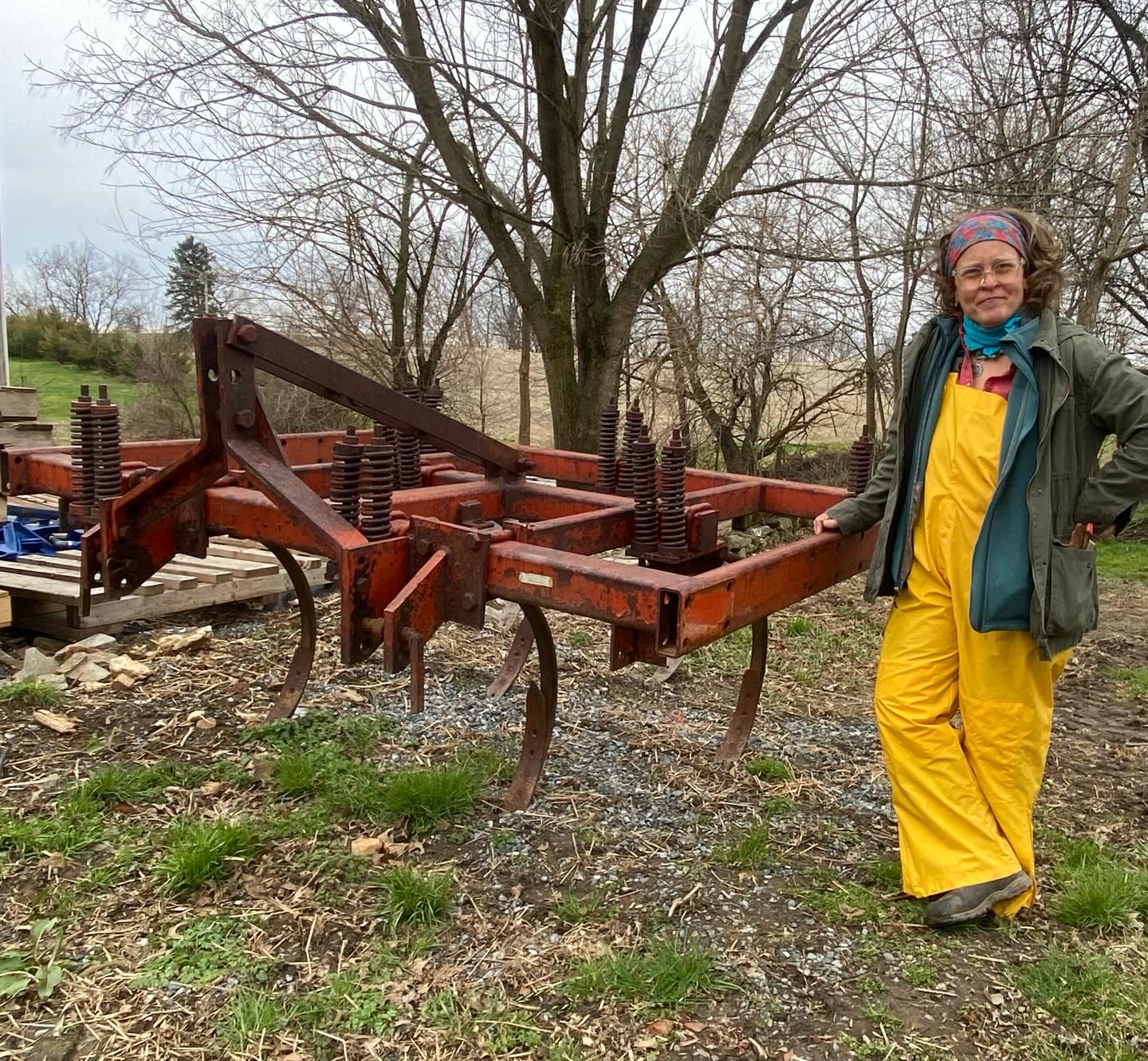 We are proud owners of a new piece of equipment! Meet our Athens Chisel Plow and Farm Crew mate Hezza standing beside. This girl will help us work up our fields this spring. Traditional spring farming would involve using a mold board plow but we have learned that a chisel plow is superior because it doesn’t disturb the microbiology of the soil as much and helps to open the soil without turning and flipping it. It works more like a big “claw”

We jumped on getting this equipment because we used to borrow one from our farm neighbors.  We learned they sold theirs in the fall and so it was time to have our own. It feels like another level of “adulting” in our farming career!